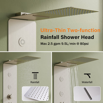 Luxury Thermostatic 4-Function Stainless Steel Shower System with Ultra-Thin Dual-Function Rainfall Head, Handheld, Body Jets