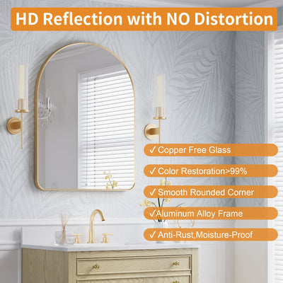 28 in. W x 36 in. H Arched Aluminum Framed Wall Bathroom Vanity Mirror in Brushed Gold