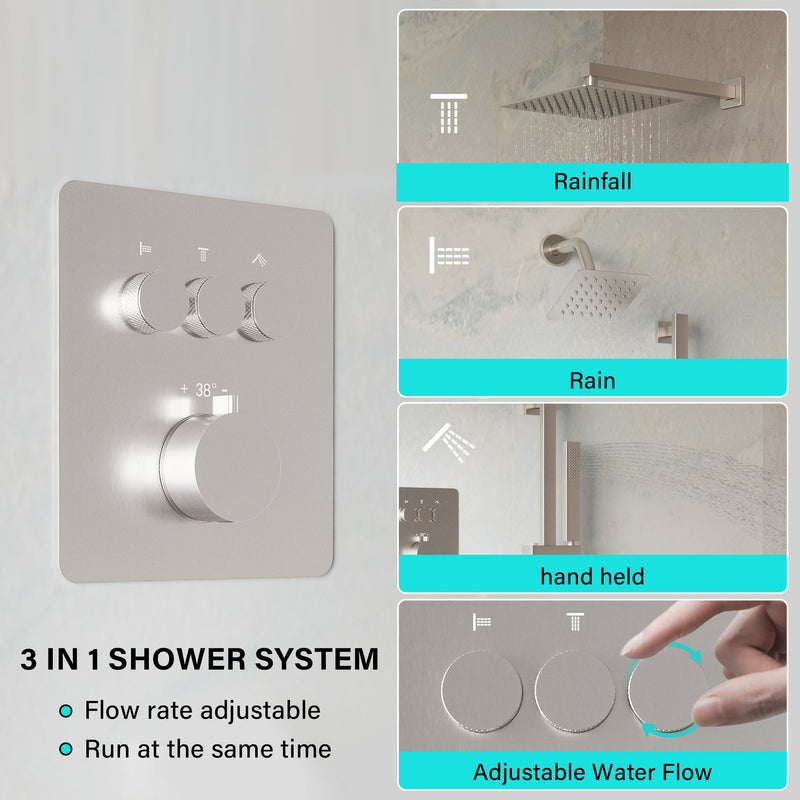 3-Function 10" Stainless Steel Shower System with Dual Mounting Options Wall-Mounted & Ceiling-Mounted, Sliding Bar