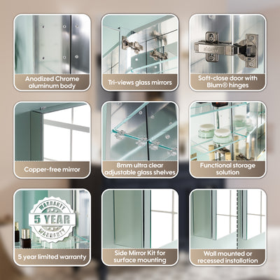 16 in. ×30 in. Copper-Free Tri-Views Mirror Medicine Cabinet with Adjustable Shelves and Right Swing Door
