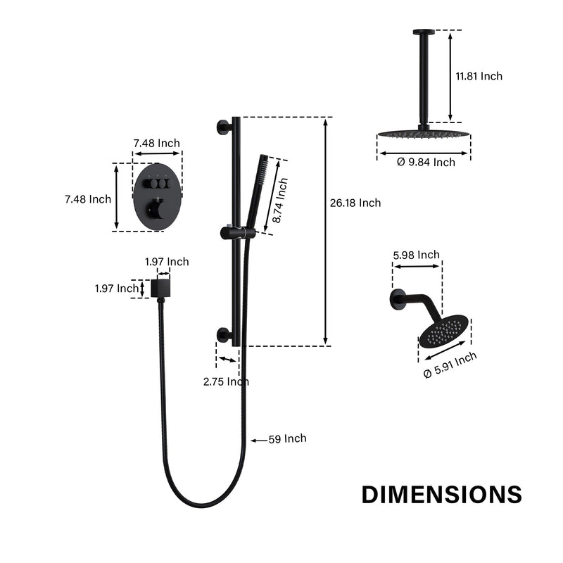 3-Function 10" Round Stainless Steel Shower System with Dual Mounting Options Wall-Mounted & Ceiling-Mounted, Sliding Bar