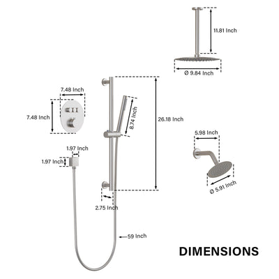 3-Function 10" Round Stainless Steel Shower System with Dual Mounting Options Wall-Mounted & Ceiling-Mounted, Sliding Bar