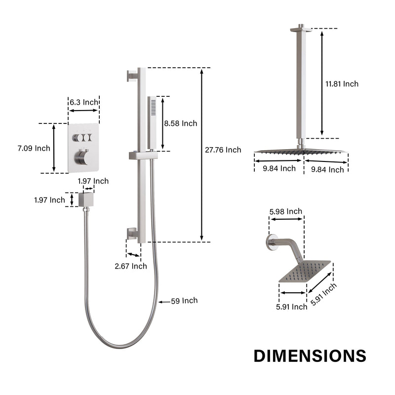 3-Function 10" Stainless Steel Shower System with Dual Mounting Options Wall-Mounted & Ceiling-Mounted, Sliding Bar