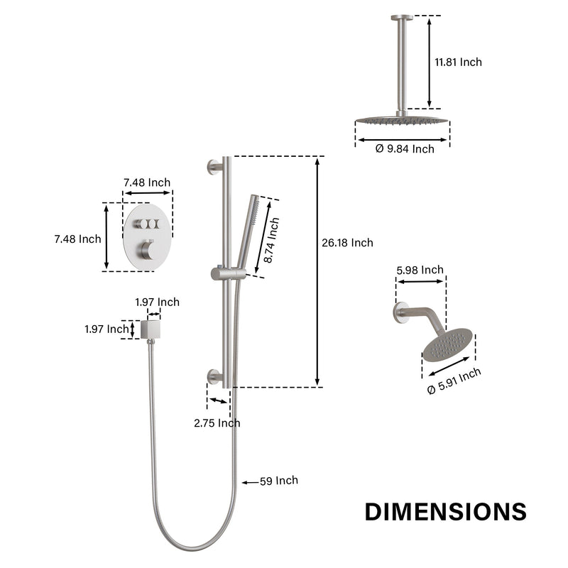 3-Function 10" Round Stainless Steel Shower System with Dual Mounting Options Wall-Mounted & Ceiling-Mounted, Sliding Bar