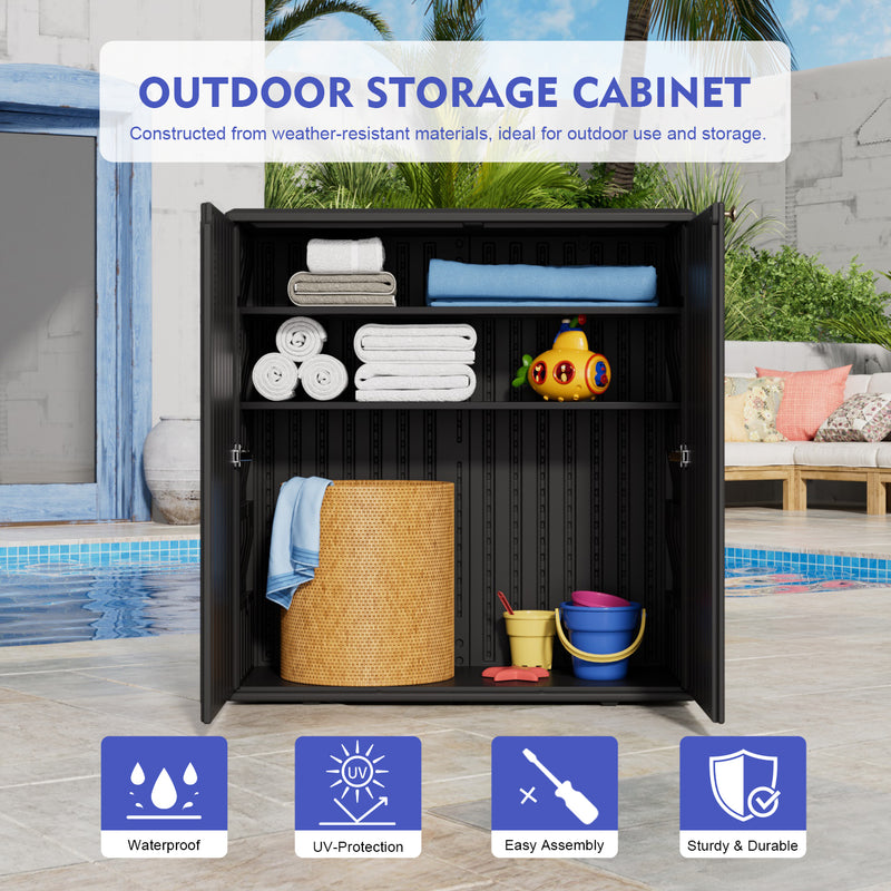 60-Gallon Outdoor Storage Cabinet, Waterproof HDPE Resin Deck Box with One Shelf for Garden Tools, Patio Cushions