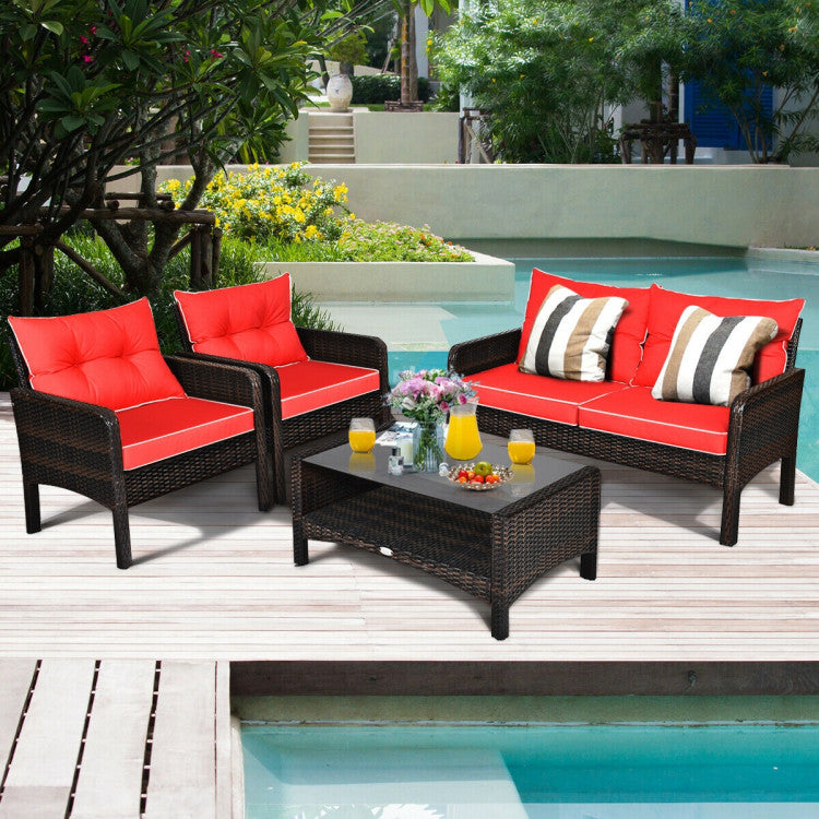 4 Pieces Patio Rattan Free-Combination Sofa Set with Cushion and Coffee Table