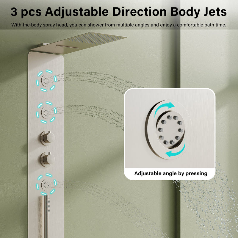 Luxury Thermostatic 4-Function Stainless Steel Shower System with Ultra-Thin Dual-Function Rainfall Head, Handheld, Body Jets
