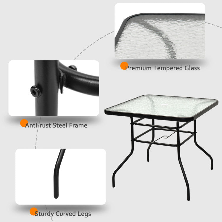 32 Inch Patio Tempered Glass Steel Frame Square Table