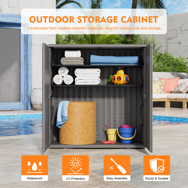 60-Gallon Outdoor Storage Cabinet, Waterproof HDPE Resin Deck Box with One Shelf for Garden Tools, Patio Cushions