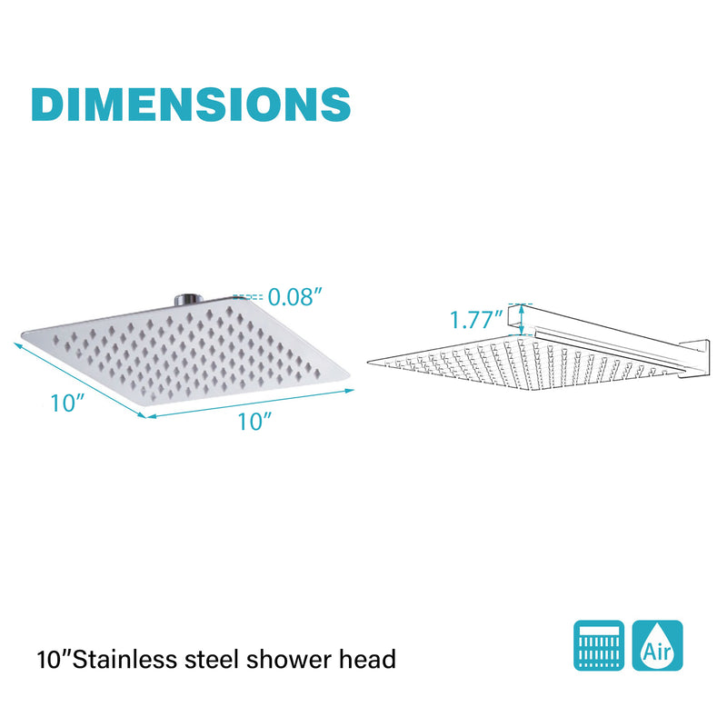 10 inch Square Stainless Steel Silicone Nozzles Shower Head