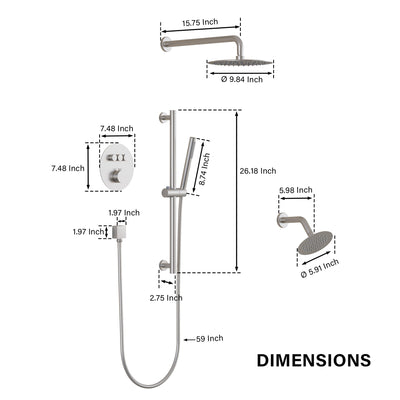 3-Function 10" Round Stainless Steel Shower System with Dual Mounting Options Wall-Mounted & Ceiling-Mounted, Sliding Bar