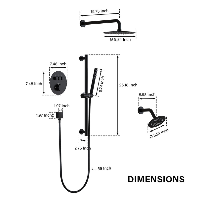 3-Function 10" Round Stainless Steel Shower System with Dual Mounting Options Wall-Mounted & Ceiling-Mounted, Sliding Bar