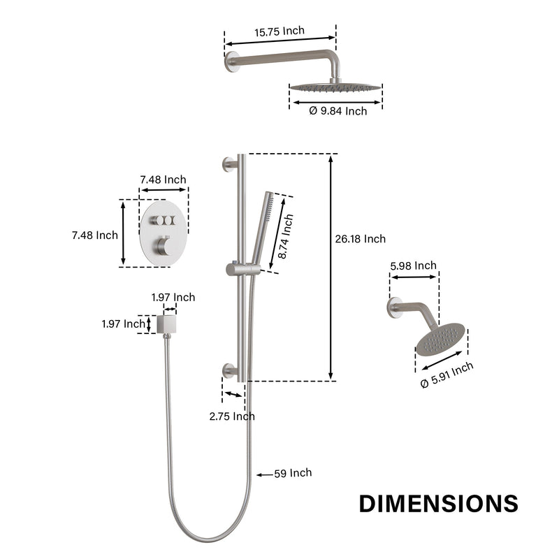 3-Function 10" Round Stainless Steel Shower System with Dual Mounting Options Wall-Mounted & Ceiling-Mounted, Sliding Bar