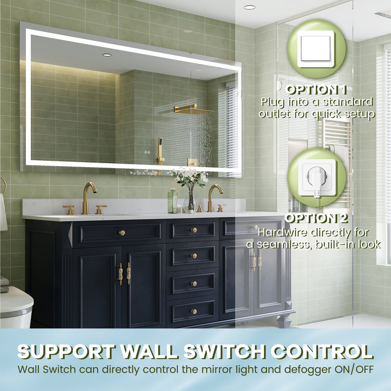 72 in. W x 36 in. H Frameless Rectangular LED Light Bathroom Mirror in Silver