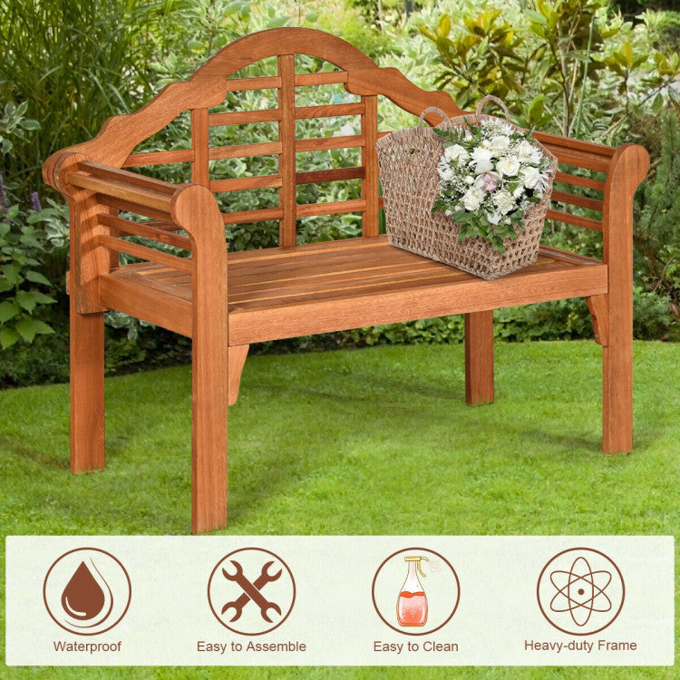 49 Inch Eucalyptus Wood Outdoor Folding Bench with Backrest Armrest for Patio Garden