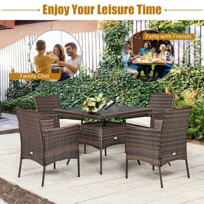 5 Pieces Tempered Glass Tabletop Wicker Patio Dining Set with 4 Armrest Chairs