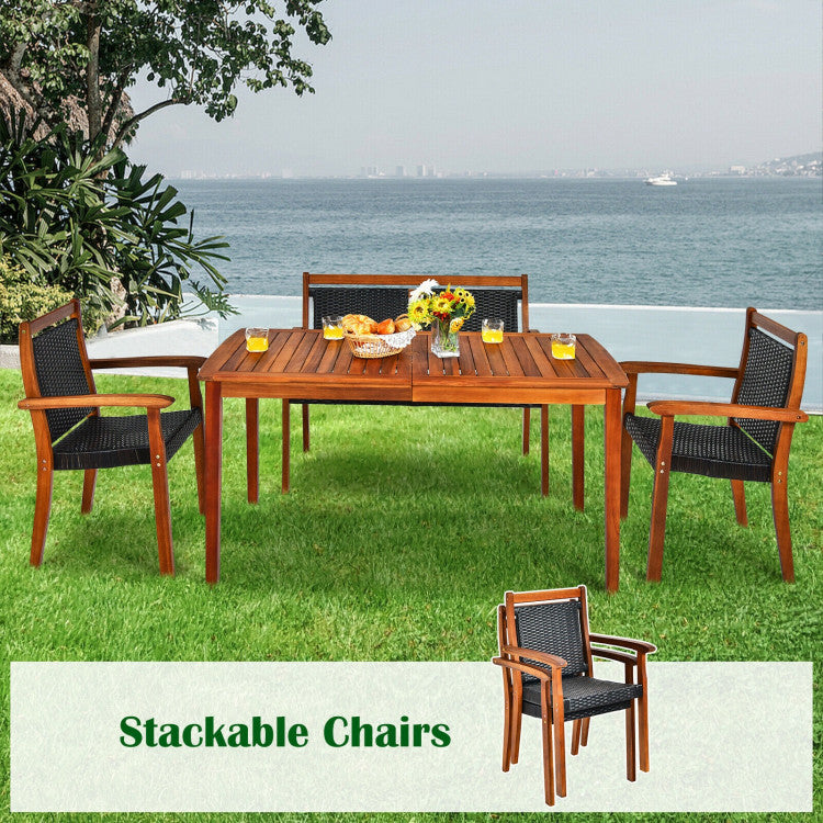 4 Pieces Acacia Wood Patio Rattan Dining Furniture Set