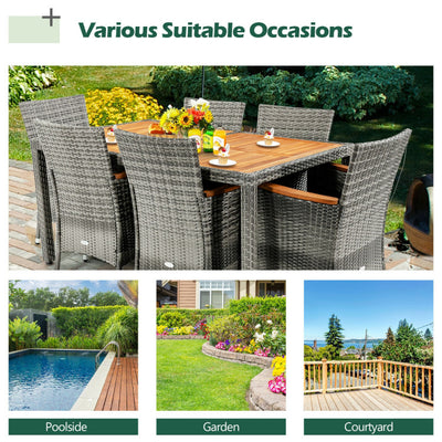 7 Pieces Patio Acacia Wood Cushioned PE Rattan Wicker Dining Set