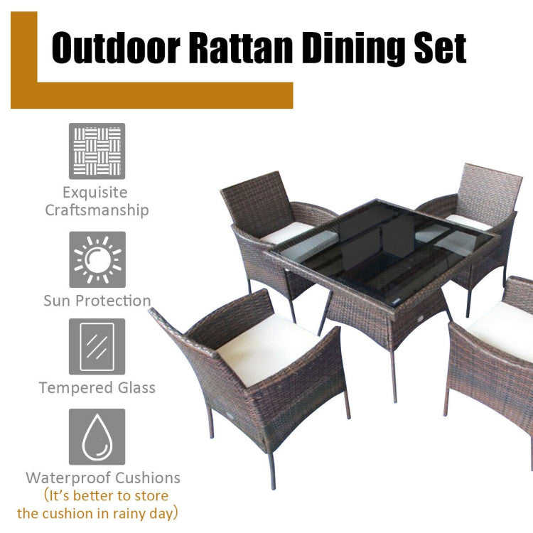 5 Pieces Tempered Glass Tabletop Wicker Patio Dining Set with 4 Armrest Chairs