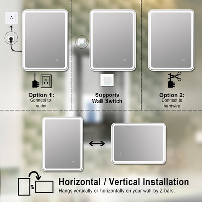 24 x 32 inch LED Bathroom Mirror, Wall Mounted Bathroom Vanity Framed Mirror with Dimmer, IP54 Enhanced Anti-Fog