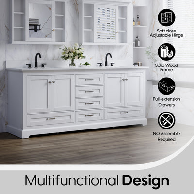 80" White Double Sink Bathroom Vanity with Solid Wood Frame, Soft Close 6 Drawers, White Cultured Marble Countertop