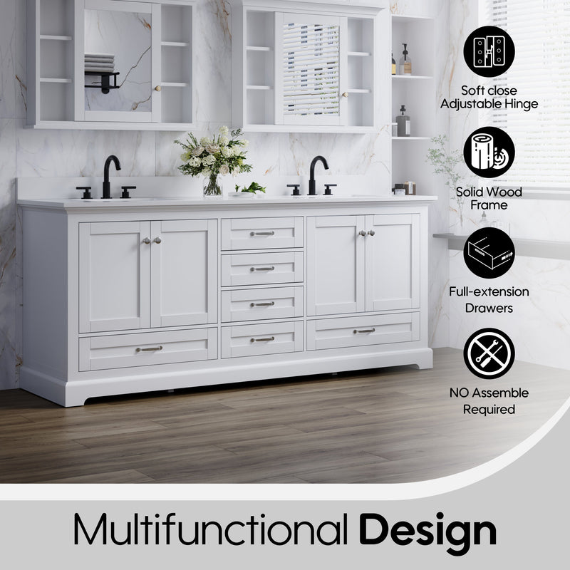 80" White Double Sink Bathroom Vanity with Solid Wood Frame, Soft Close 6 Drawers, White Cultured Marble Countertop