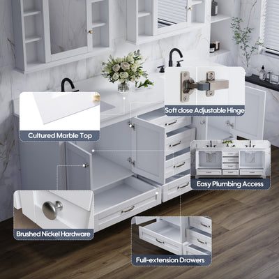 80" White Double Sink Bathroom Vanity with Solid Wood Frame, Soft Close 6 Drawers, White Cultured Marble Countertop