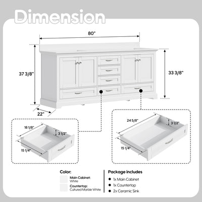 80" White Double Sink Bathroom Vanity with Solid Wood Frame, Soft Close 6 Drawers, White Cultured Marble Countertop