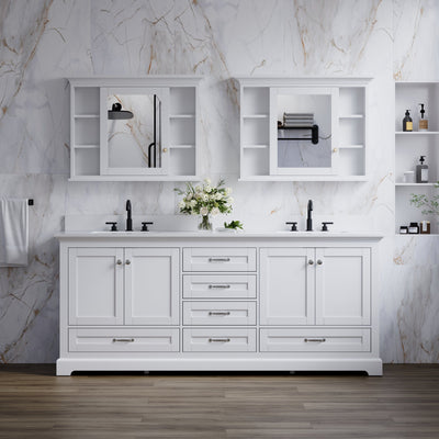 80" White Double Sink Bathroom Vanity with Solid Wood Frame, Soft Close 6 Drawers, White Cultured Marble Countertop