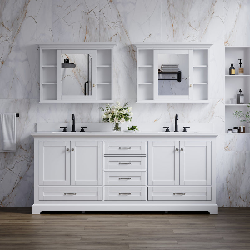 80" White Double Sink Bathroom Vanity with Solid Wood Frame, Soft Close 6 Drawers, White Cultured Marble Countertop