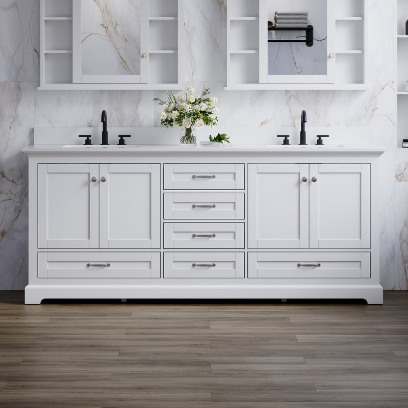 80" White Double Sink Bathroom Vanity with Solid Wood Frame, Soft Close 6 Drawers, White Cultured Marble Countertop