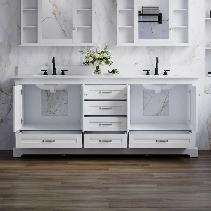 80" White Double Sink Bathroom Vanity with Solid Wood Frame, Soft Close 6 Drawers, White Cultured Marble Countertop