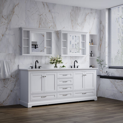 80" White Double Sink Bathroom Vanity with Solid Wood Frame, Soft Close 6 Drawers, White Cultured Marble Countertop