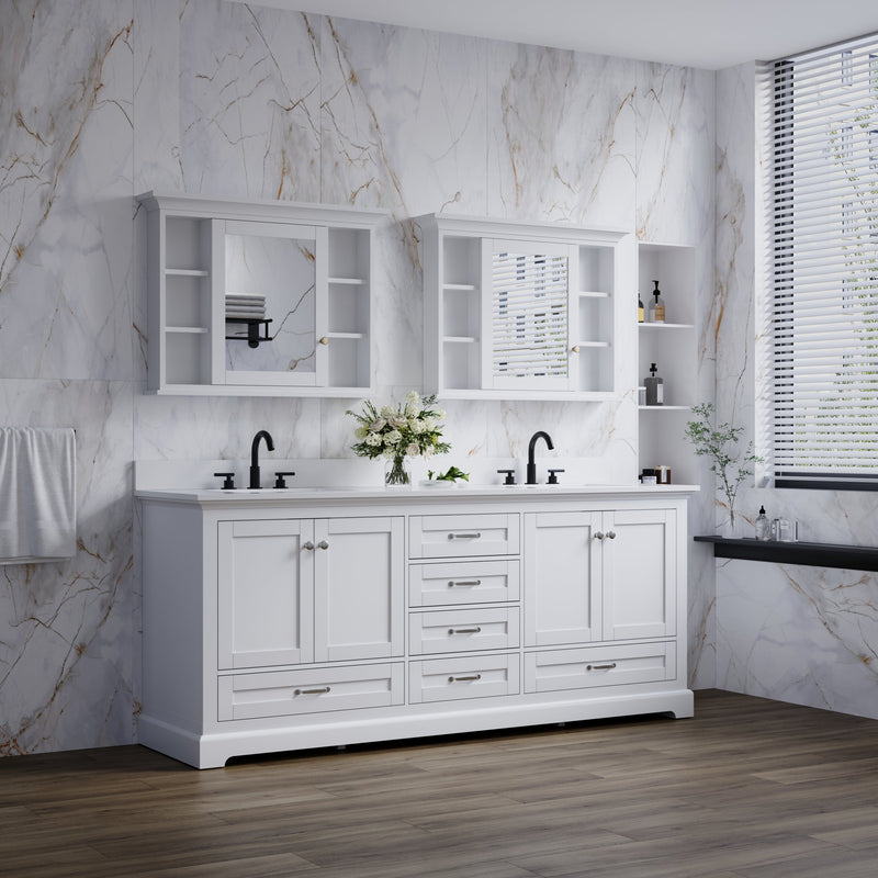 80" White Double Sink Bathroom Vanity with Solid Wood Frame, Soft Close 6 Drawers, White Cultured Marble Countertop