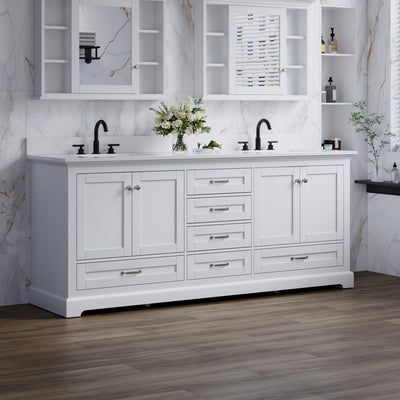 80" White Double Sink Bathroom Vanity with Solid Wood Frame, Soft Close 6 Drawers, White Cultured Marble Countertop