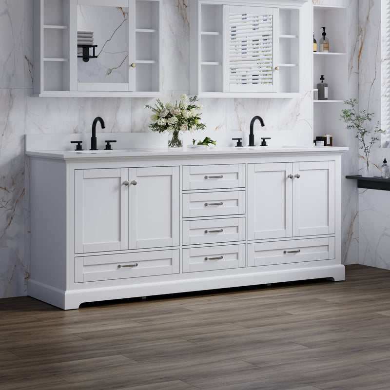 80" White Double Sink Bathroom Vanity with Solid Wood Frame, Soft Close 6 Drawers, White Cultured Marble Countertop
