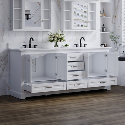 80" White Double Sink Bathroom Vanity with Solid Wood Frame, Soft Close 6 Drawers, White Cultured Marble Countertop