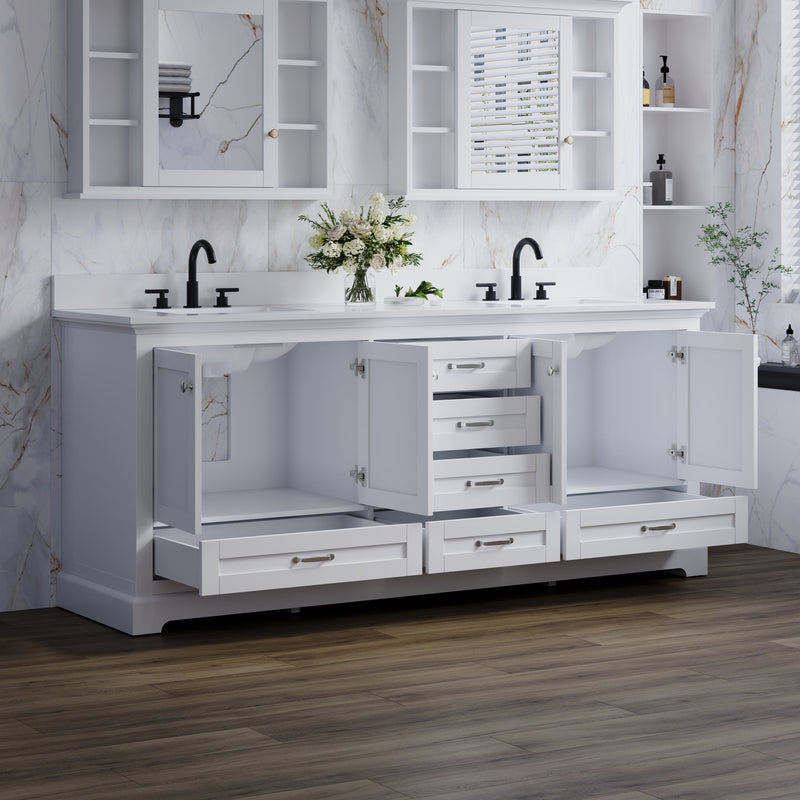 80" White Double Sink Bathroom Vanity with Solid Wood Frame, Soft Close 6 Drawers, White Cultured Marble Countertop