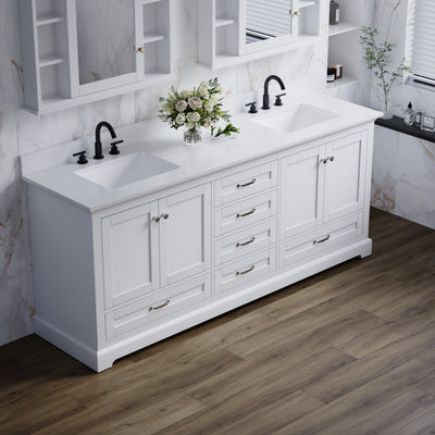 80" White Double Sink Bathroom Vanity with Solid Wood Frame, Soft Close 6 Drawers, White Cultured Marble Countertop