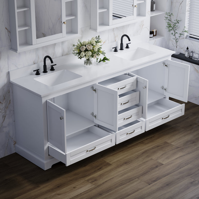 80" White Double Sink Bathroom Vanity with Solid Wood Frame, Soft Close 6 Drawers, White Cultured Marble Countertop