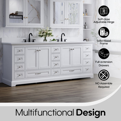 84" White Double Sink Bathroom Vanity with Solid Wood Frame, Soft Close 14 Drawers & White Cultured Marble Countertop