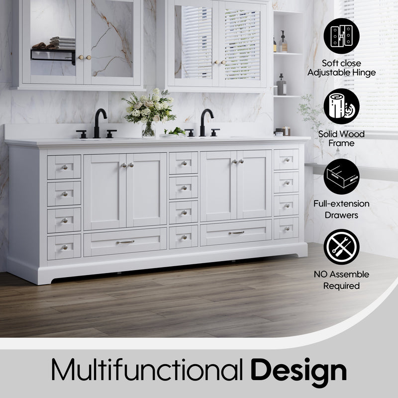 84" White Double Sink Bathroom Vanity with Solid Wood Frame, Soft Close 14 Drawers & White Cultured Marble Countertop