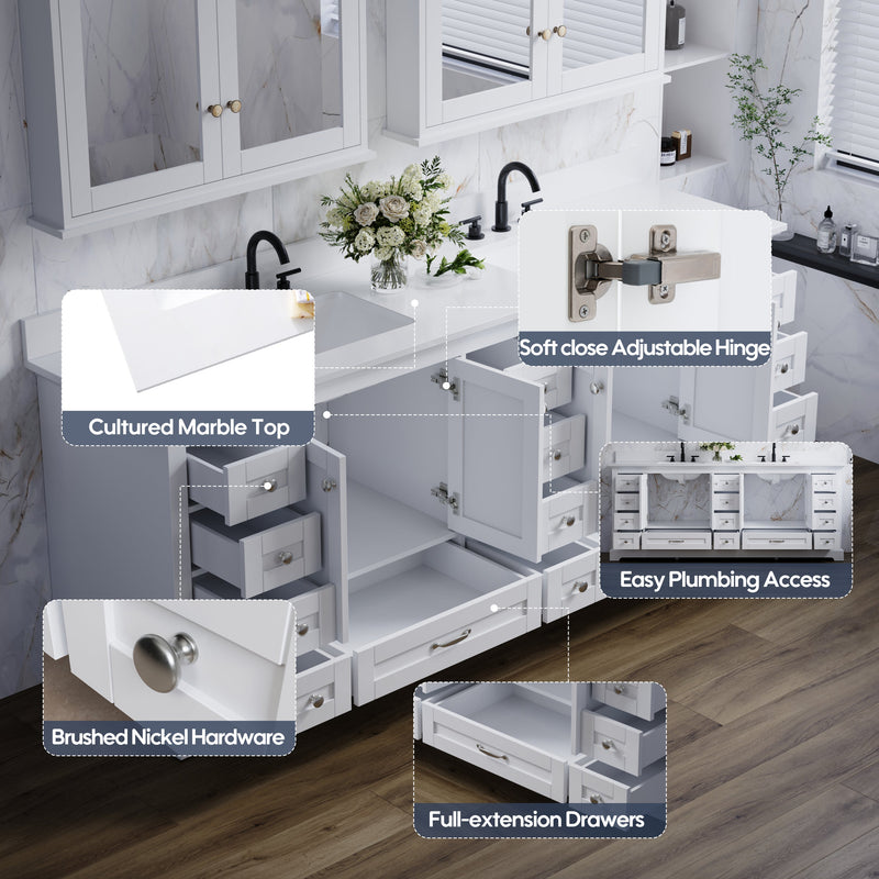 84" White Double Sink Bathroom Vanity with Solid Wood Frame, Soft Close 14 Drawers & White Cultured Marble Countertop