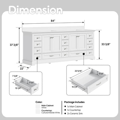 84" White Double Sink Bathroom Vanity with Solid Wood Frame, Soft Close 14 Drawers & White Cultured Marble Countertop