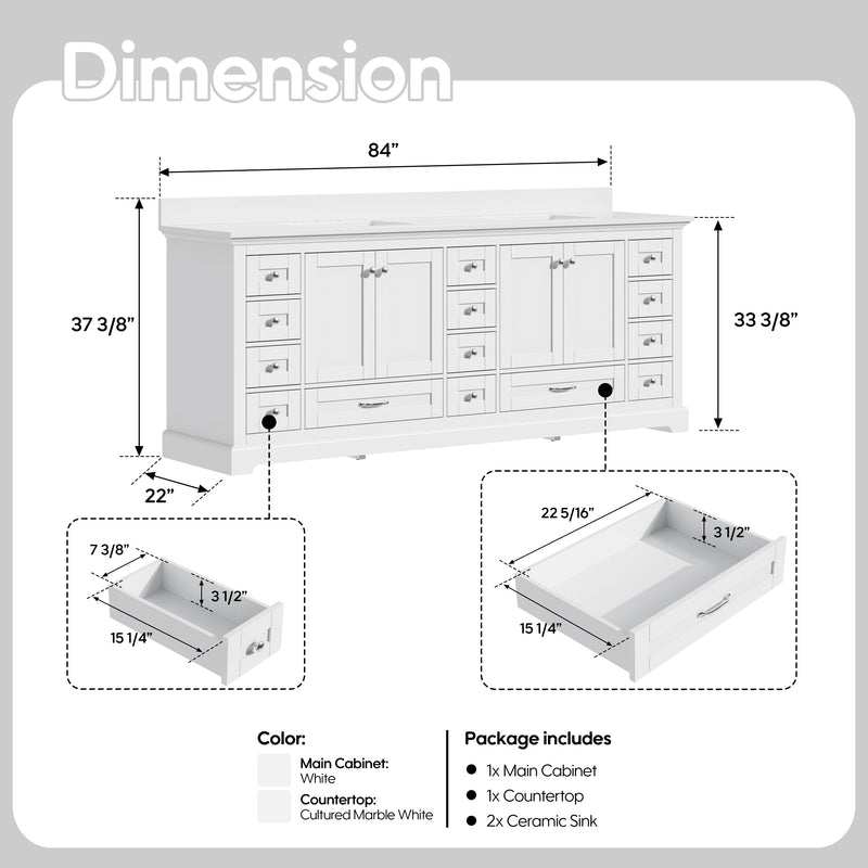 84" White Double Sink Bathroom Vanity with Solid Wood Frame, Soft Close 14 Drawers & White Cultured Marble Countertop