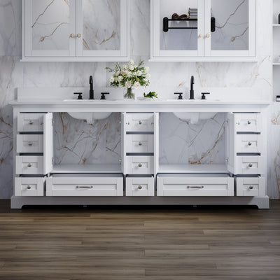 84" White Double Sink Bathroom Vanity with Solid Wood Frame, Soft Close 14 Drawers & White Cultured Marble Countertop