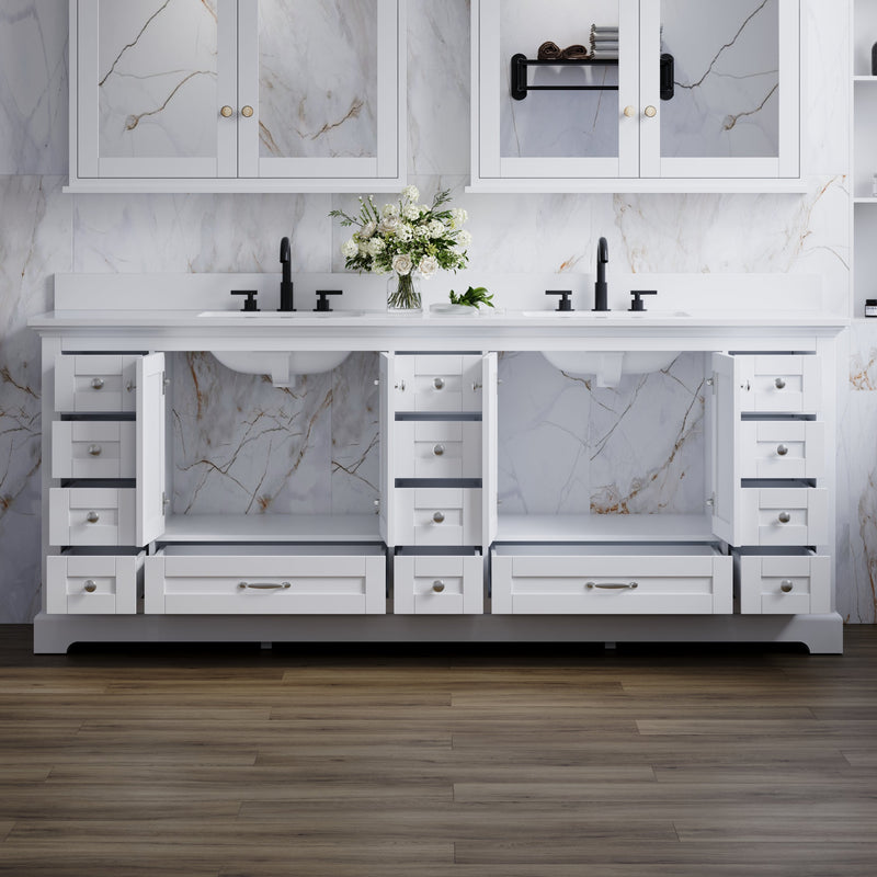 84" White Double Sink Bathroom Vanity with Solid Wood Frame, Soft Close 14 Drawers & White Cultured Marble Countertop