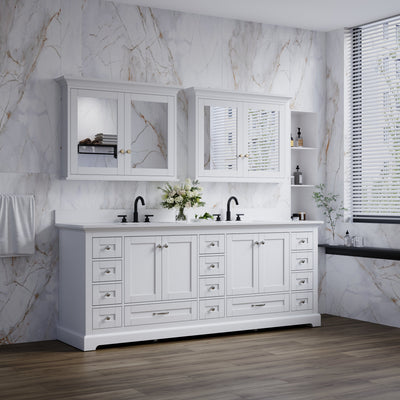84" White Double Sink Bathroom Vanity with Solid Wood Frame, Soft Close 14 Drawers & White Cultured Marble Countertop