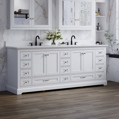 84" White Double Sink Bathroom Vanity with Solid Wood Frame, Soft Close 14 Drawers & White Cultured Marble Countertop