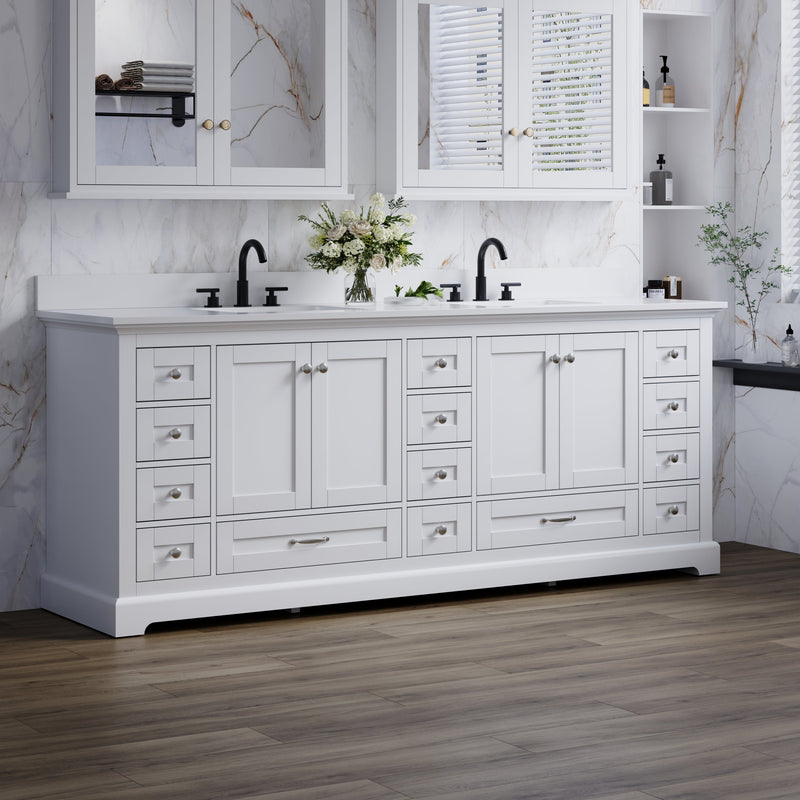 84" White Double Sink Bathroom Vanity with Solid Wood Frame, Soft Close 14 Drawers & White Cultured Marble Countertop